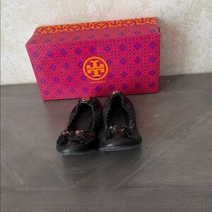 Tory Burch Black Leather Tassel Flats
